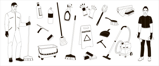清洁服务人员微笑的白底人物。房屋清洁工穿着统一的衣服，并设置有关清洁的元素，黑白矢量插图图片下载