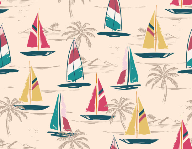 Reto海洋航海手绘无缝矢量图案，帆船矢量，锚和棕榈树的插画图片下载