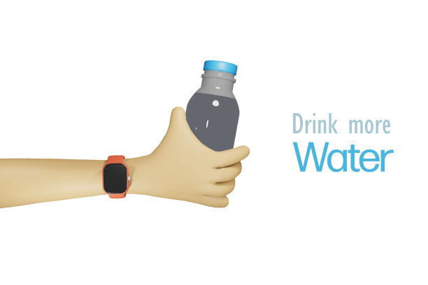为了健康多喝水。手戴智能手表，手持饮水瓶。健康的生活方式。三维向量。图片下载