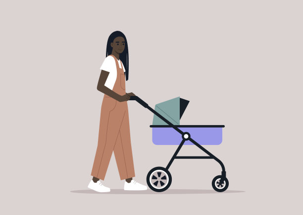 一位年轻的非洲父母推着婴儿车在户外活动图片下载
