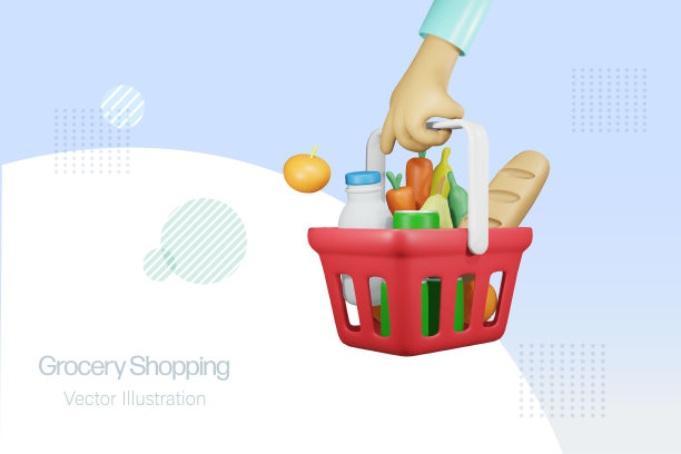 食品杂货店购物。手里拿着装满食品和饮料产品的运输篮子。超市sh. 3D矢量。图片下载