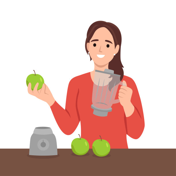 年轻微笑的黑人妇女用青苹果在搅拌机里做奶昔或鸡尾酒。图片下载