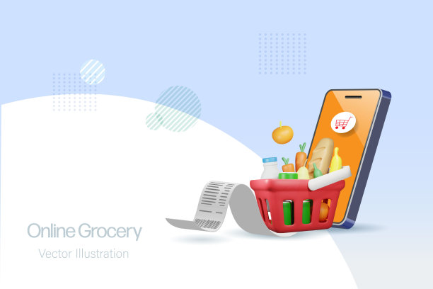 网上购物。杂货篮直接送货到家的智能手机。电子商务互联网移动应用。三维向量。图片下载