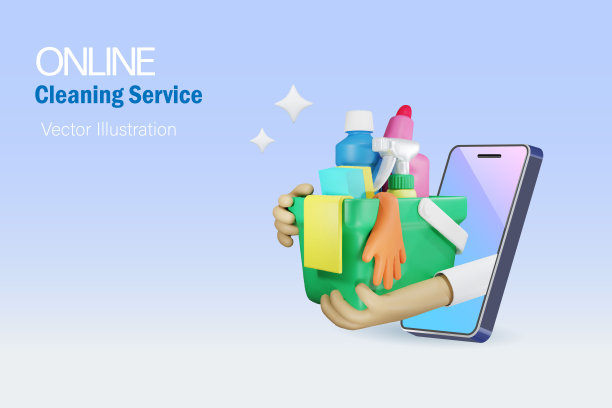 在线保洁服务。手持式卫生化学产品桶，用于家庭清洁，地板，厨房和厕所的智能手机。三维向量。图片下载