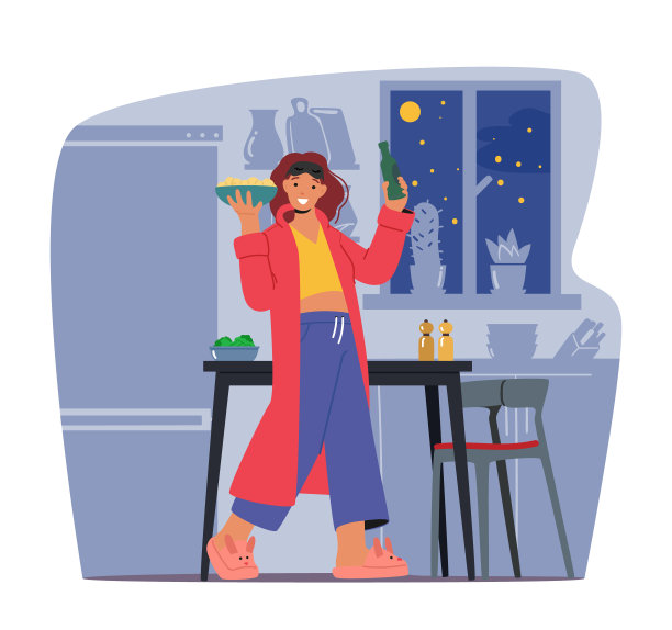 夜间饮食，人们在晚上或深夜消费食物的有害习惯，矢量插图图片下载