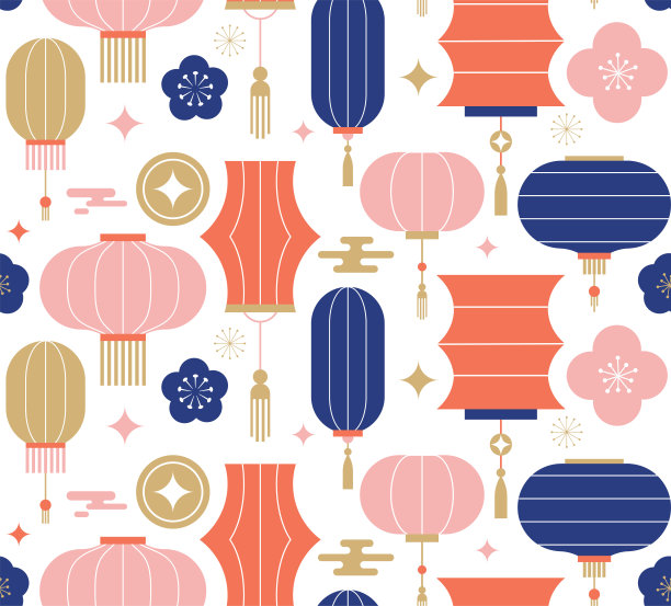中国，亚洲背景，无缝花纹。灯笼、装饰品和鲜花。春节，中秋节的背景，横幅和贺卡。平面极简几何设计图片下载