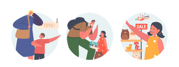 孤立的圆形图标或化身中，被宠坏的孩子在商店里恳求父母购买玩具图片下载