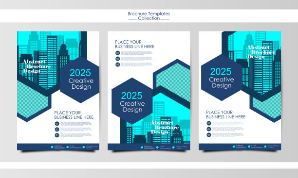 收集传单或封面设计与吸引人的城市景观的蓝色和几何元素图片下载