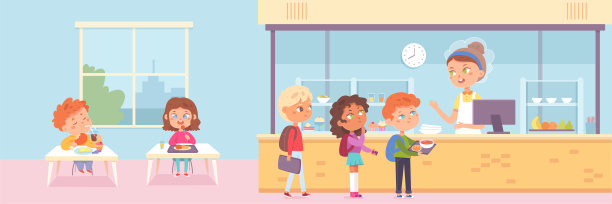 学校食堂与孩子矢量插图。漫画中饥饿的女孩和男孩拿着托盘排着队拿午餐，学生们在课间休息时在自助餐厅的桌子上吃东西图片下载