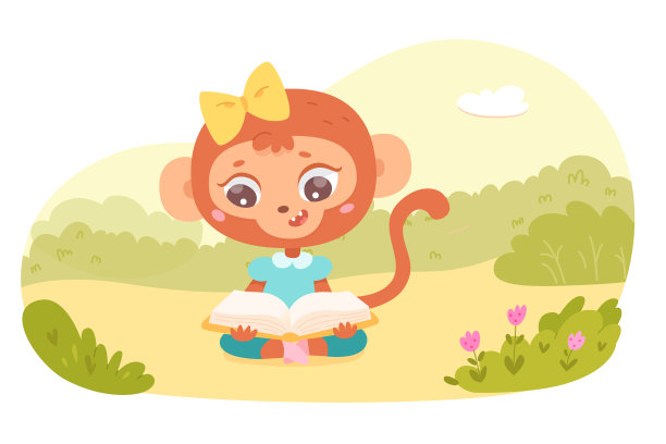 猴子阅读书户外矢量插图。卡通可爱的小动物抱着孩子气的带图片的书，学校的课本来学习和阅读，有趣的场景带着快乐的学习黑猩猩穿着衣服图片下载