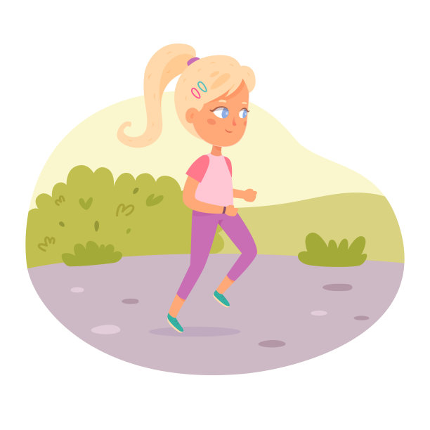 活跃的女孩运动员跑马拉松矢量插图。儿童跑步者在公园的道路上慢跑，年轻女子短跑运动员的侧视图和动作训练竞技运动，耐力和能量图片下载