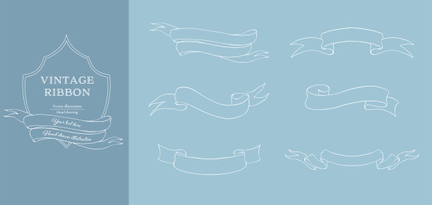白线复古丝带横幅矢量集。手绘线条艺术。图片下载
