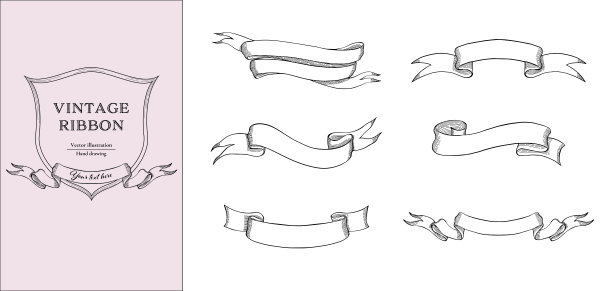复古缎带banner黑色线条矢量素材，手绘线条艺术图片下载