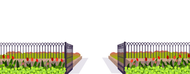 入口，栅栏与大门，花坛和鲜花，郁金香在卡通风格。矢量图图片下载