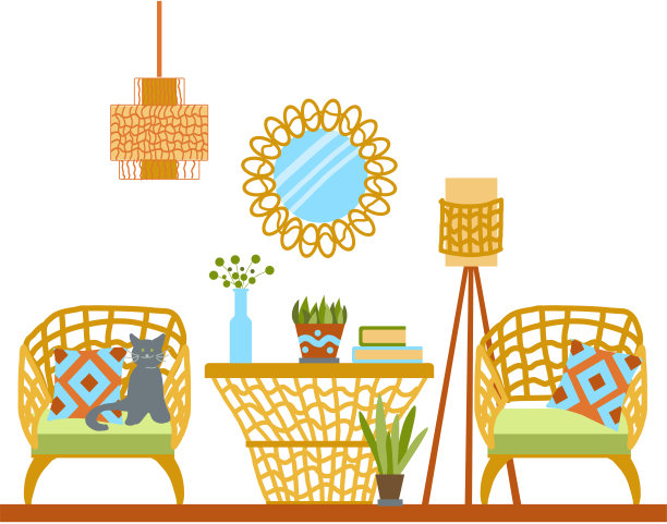 矢量插图舒适的客厅室内与复古风格的柳条家具和波西米亚风格的装饰。用平面卡通风格的涂鸦绘画。图片下载