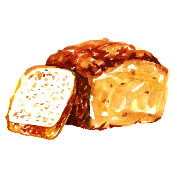 画水彩杂粮全麦面包片为健康早餐提供了一个象牙托盘。无缝金色黄色背景。图片下载