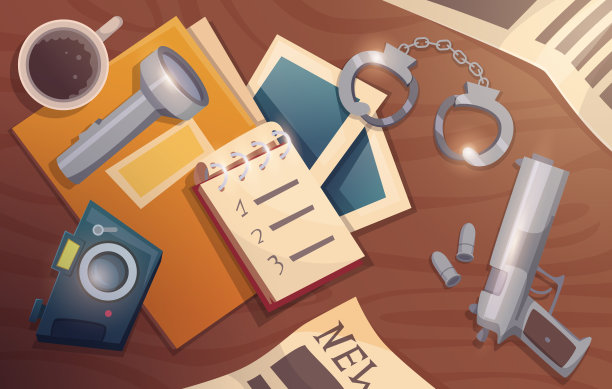 侦探工作。警察装备和间谍工具的确切矢量卡通概念背景图片下载