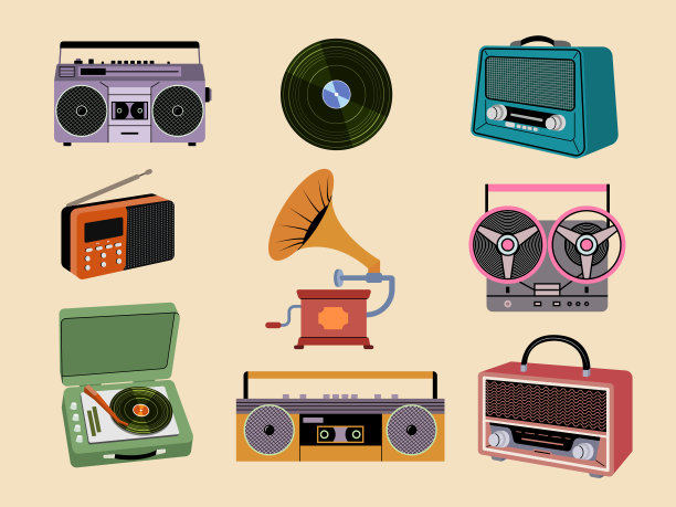 音乐播放器。复古风格的插图音乐记录设备无线电耳机最近的矢量模板。录音音频播放器的说明图片下载