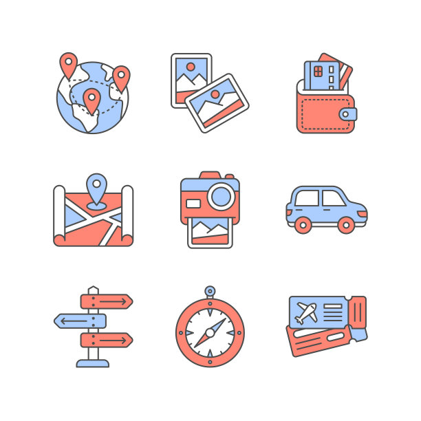 旅游和旅行图标设置在双色风格图片下载