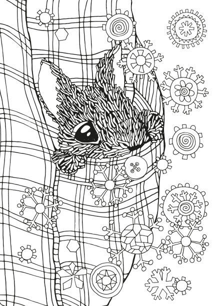 手绘兔子和圣诞雪花。黑色和白色。涂鸦风格。可爱的兔子。中国新年假期。成人涂色书页。图片下载