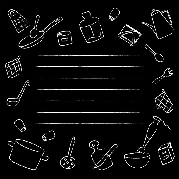 书的封面上有厨房用具的草图。黑板上的白粉笔。图片下载