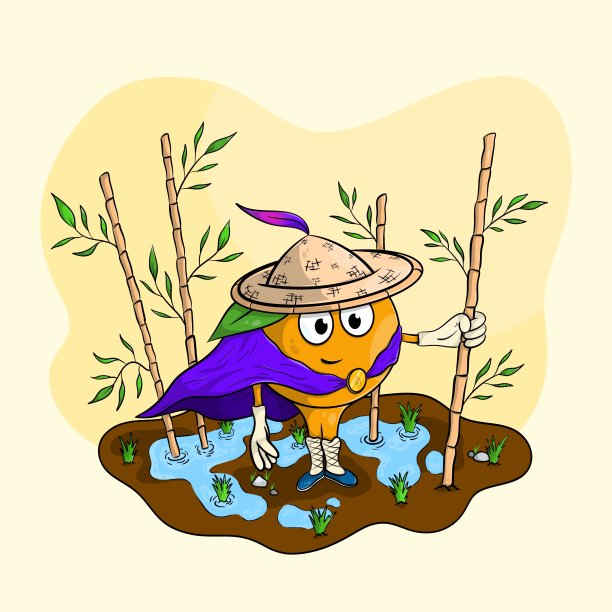 以竹子为背景的橙色稻农。图片下载