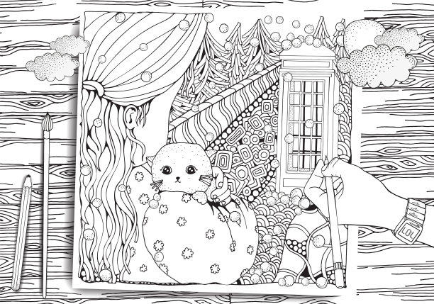 可爱的卡通女孩和猫。冬天。公用电话亭的门。下雪。成人涂色书页。冷杉。圣诞树。黑色和白色。黑白矢量。图片下载