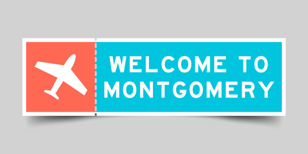橙色和蓝色机票与飞机图标和文字欢迎来到蒙哥马利灰色背景图片下载