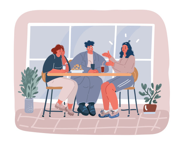 矢量插图的朋友或同事坐在咖啡馆，喝咖啡图片下载