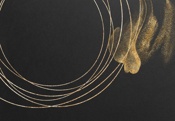 日本风格的抽象背景与空间的文字。金色弯曲的笔触在左边。深色复古风格模板。黑色背景。图片下载