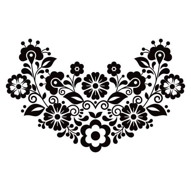 墨西哥充满活力的民间艺术风格矢量图案与花朵，半花环形状的花卉设计灵感来自墨西哥的传统刺绣在黑色和白色图片下载