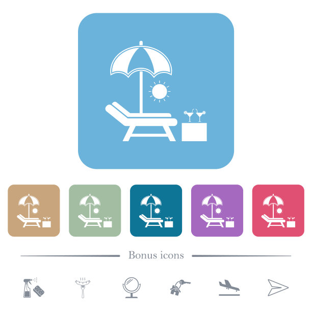 海滩日光浴床伞鸡尾酒彩色圆形方形背景平图标图片下载