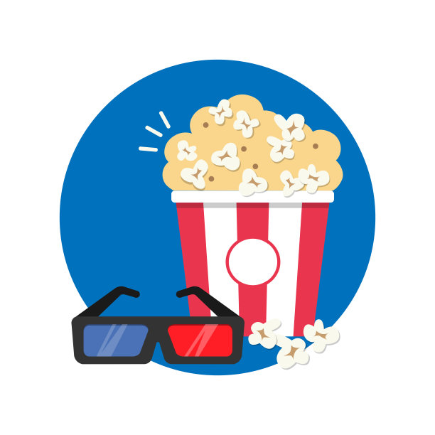 电影图标集。爆米花和3d眼镜在平面设计风格。图片下载
