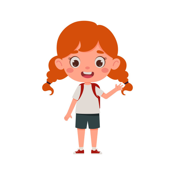 可爱的卡通小女孩红头发和背包挥舞着她的手你好。小女生的性格。矢量图图片下载