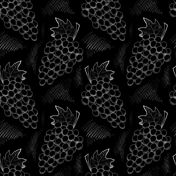 在黑色背景上用白色粉笔绘制的葡萄无缝图案。图片下载