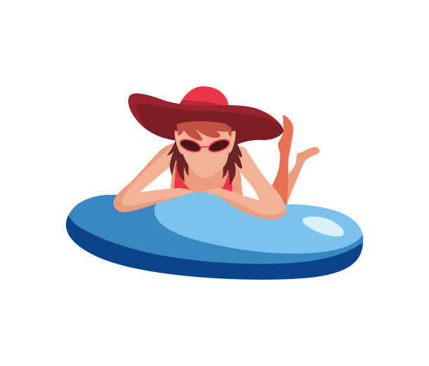 女人漂浮在充气床垫上。戴着帽子的有趣的女性角色。年轻女子在充气环上游泳。夏季平面卡通插图图片下载