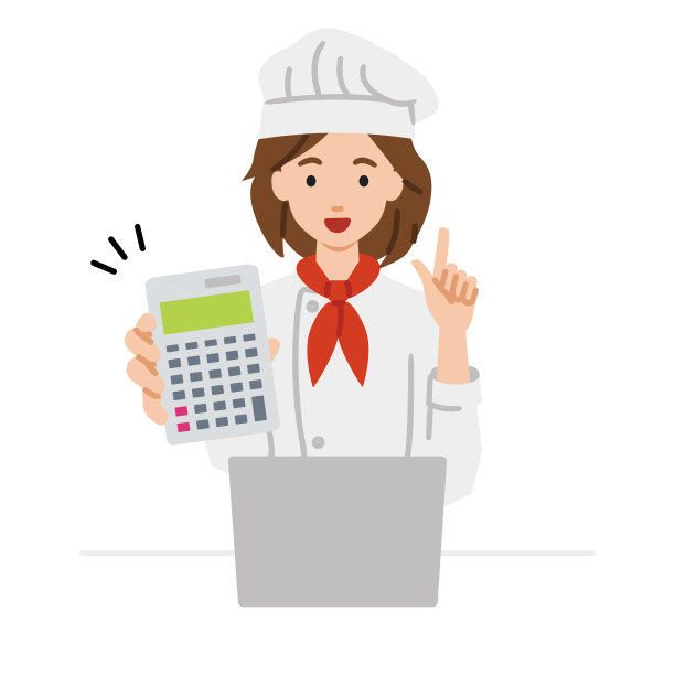 一位女厨师在笔记本电脑前微笑着推荐、提议、展示估价并指着计算器图片下载