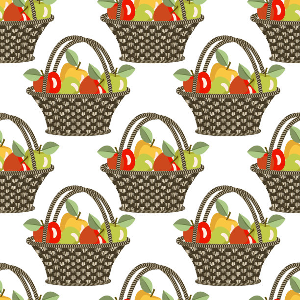 矢量-篮子与苹果无缝图案。图片下载
