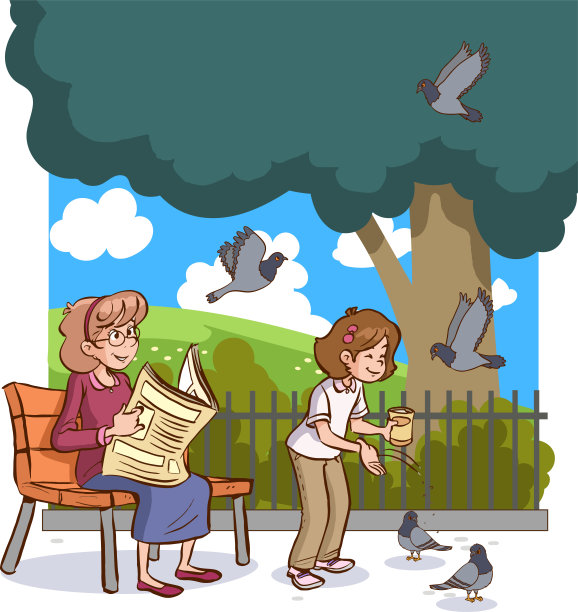 儿童喂鸽子卡通矢量图片下载