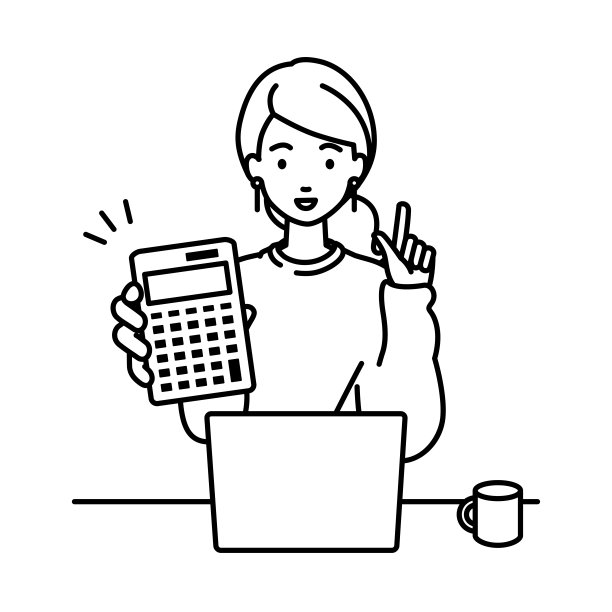 一个穿着休闲风格的女人在笔记本电脑前微笑着推荐、求婚、展示和指着计算器图片下载