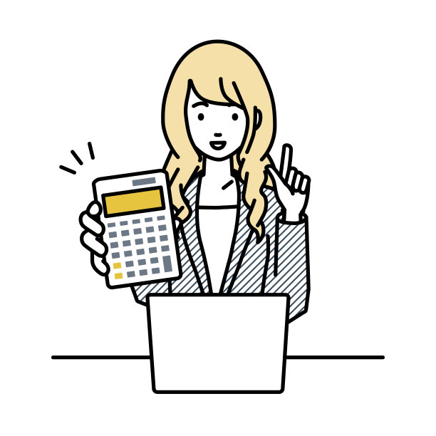 一个穿着西装的女人在笔记本电脑前微笑着推荐、提议、展示估算和指着计算器图片下载