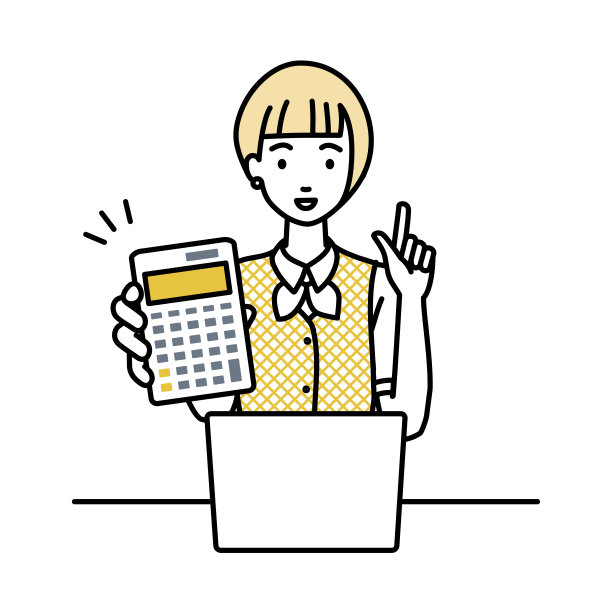 一位身着文员制服的女士在笔记本电脑前微笑着推荐、提议、展示估价并指着计算器图片下载