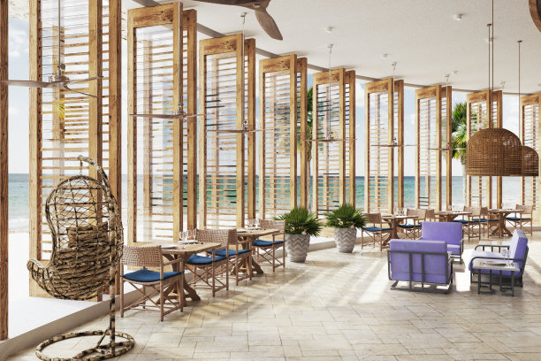 海景酒店接待或餐厅与时尚的家具图片下载