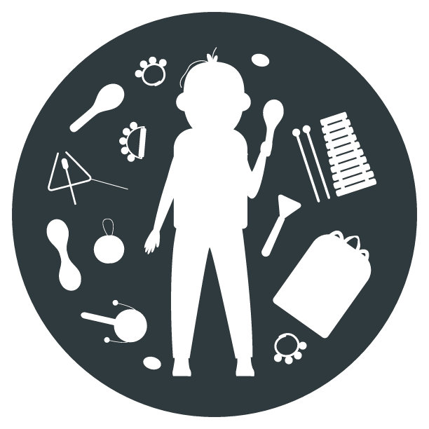 手绘玩具乐器的孩子。平面矢量幼儿在总体上与沙球插图图片下载