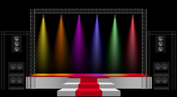 白色的舞台和扬声器，白色背景上的桁架系统上的彩色聚光灯图片下载