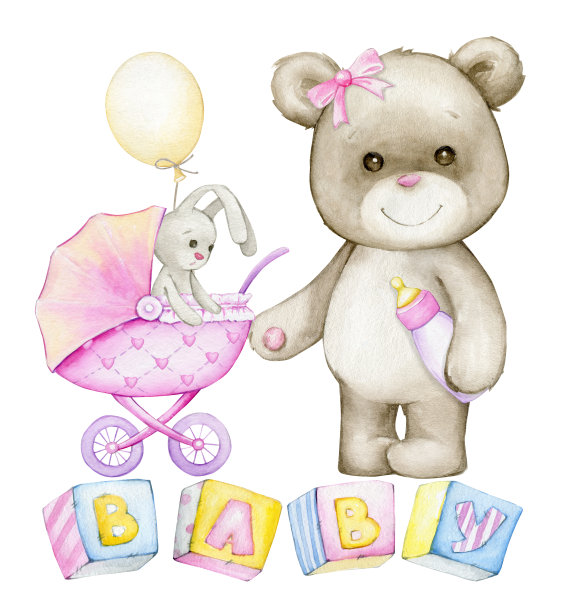 可爱的泰迪熊，在婴儿车里的兔子，气球，宝宝方块，上面写着宝宝。在卡通风格的水彩剪贴画。图片下载