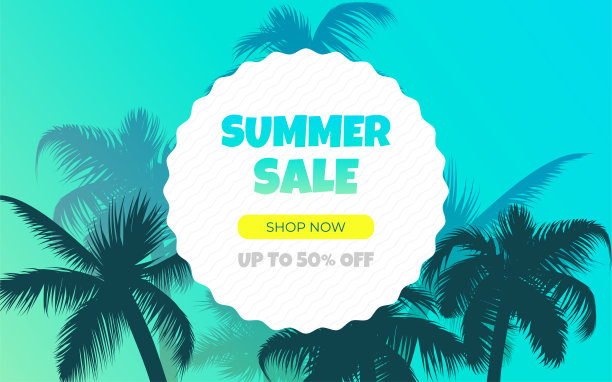 夏天出售。热带插图具有树叶图案，棕榈树和蓝色梯度背景上的之字形圆圈，是夏季促销传单，海报和模板的理想选择图片下载