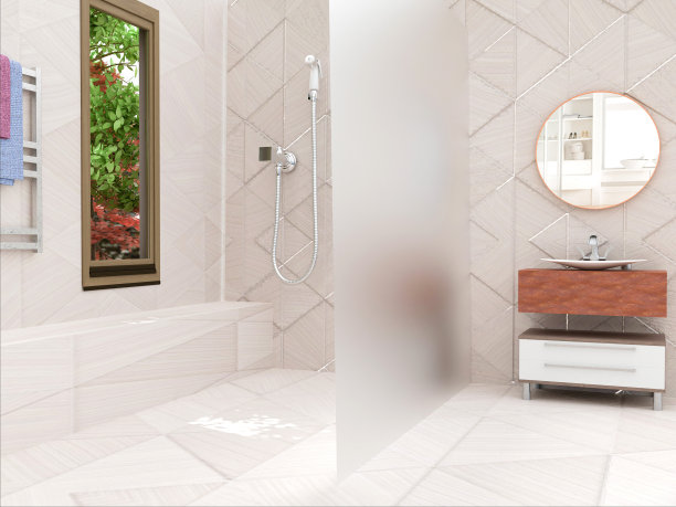 浅米色木瓦墙浴室现代豪华浴室，玻璃隔断，大理石和木材梳妆台和阳光从后院的窗户。图片下载