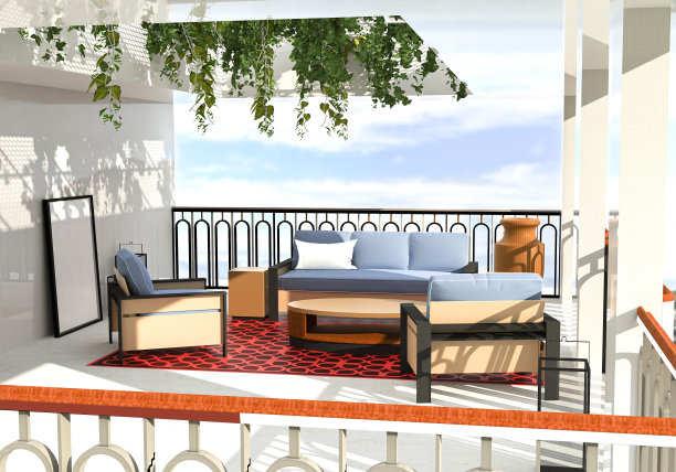 面向海岸的公寓大楼的舒适的带家具的露台。图片下载