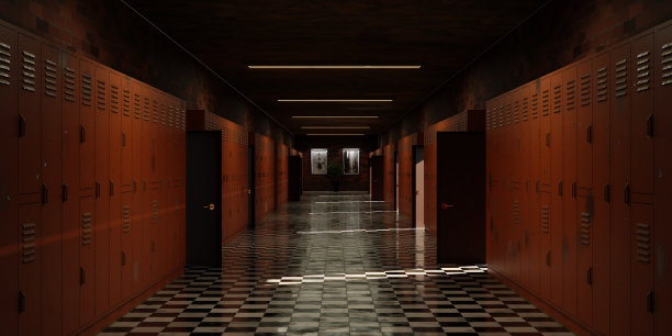 带储物柜的学校走廊- 3D插图图片下载